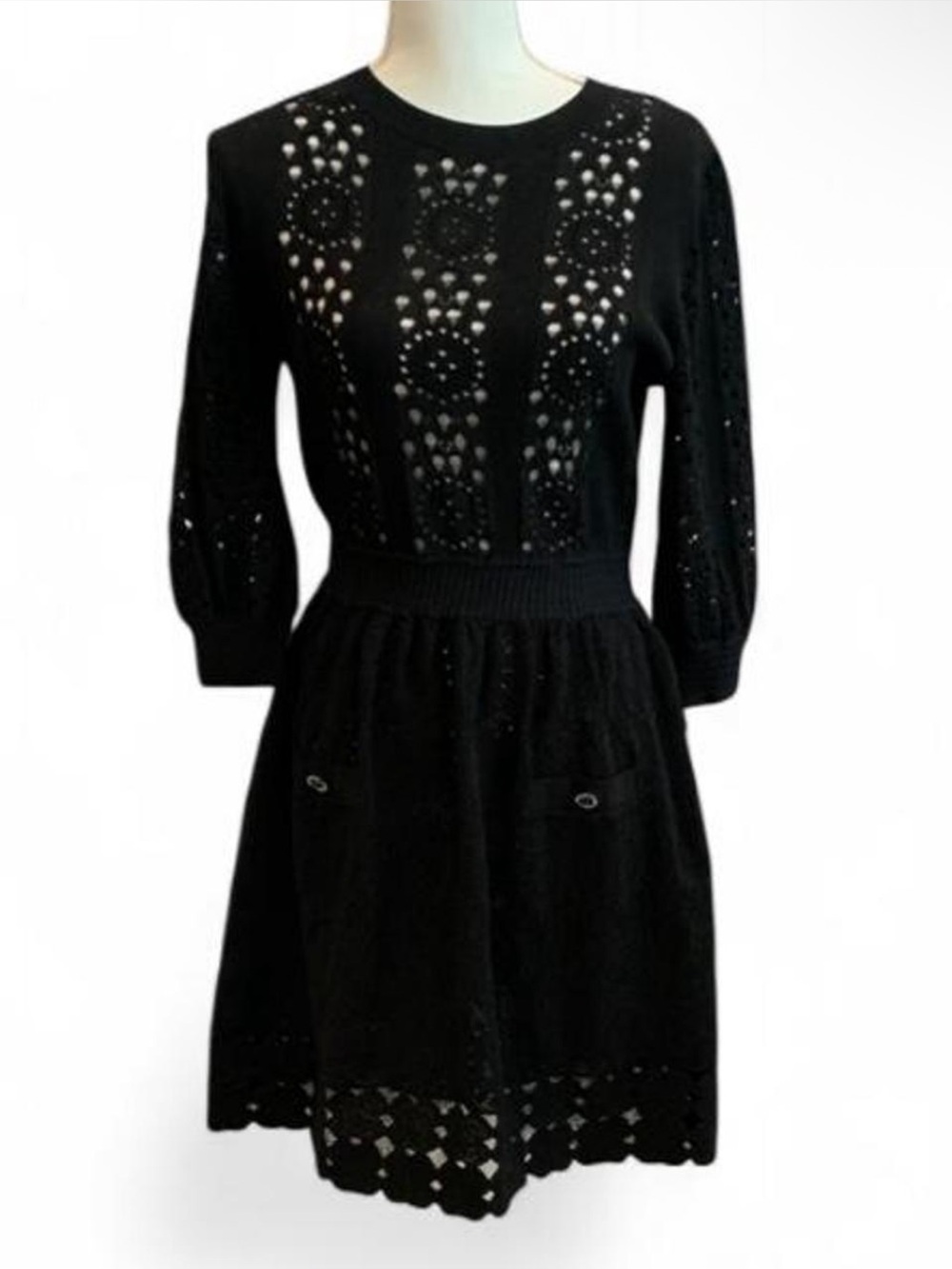 CHANEL Spring 2020 Black Eyelet crochet Knit mini flared Dress